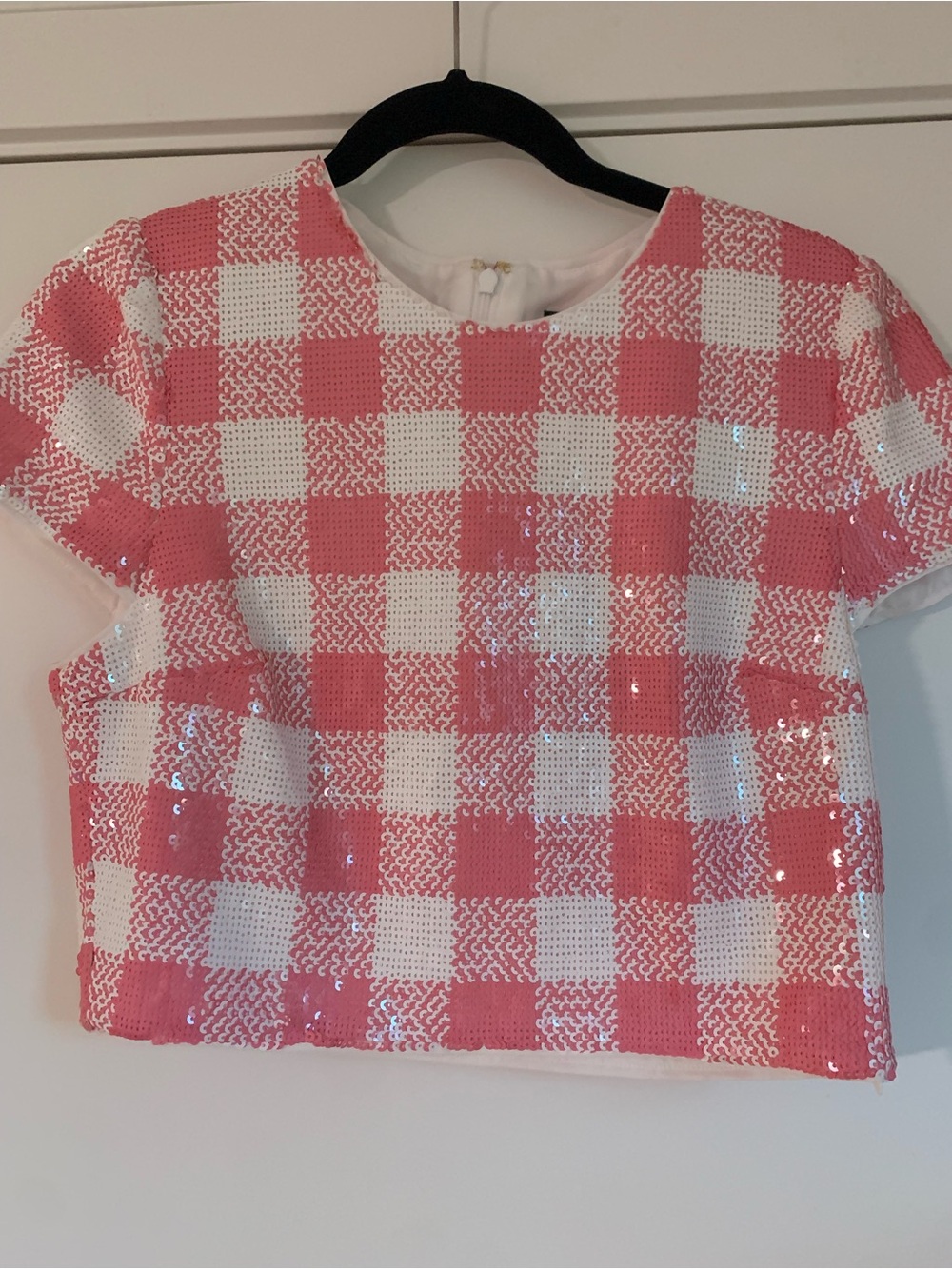 Sequin Checkered Short Sleeve Top in Pink & White